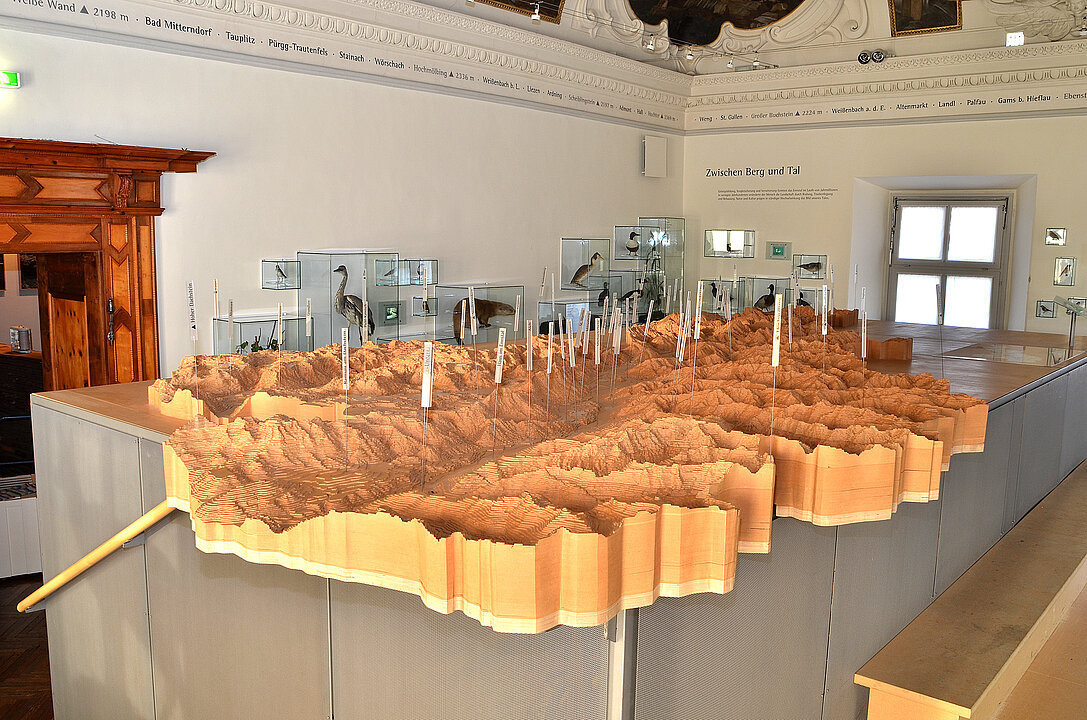 In einem Raum steht ein großes Modell aus Holz. Das Modell zeigt die Berge und Täler der Region Liezen.