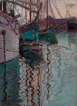 Das Gemälde zeigt eine Hafenszene mit Booten, die sich im Wasser spiegeln