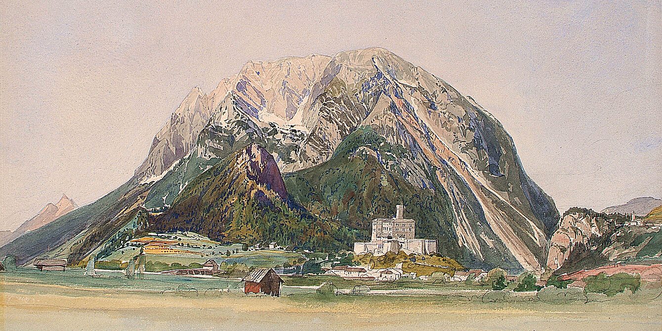 Historical watercolor drawing of Trautenfels Castle in front of Mount Grimming
