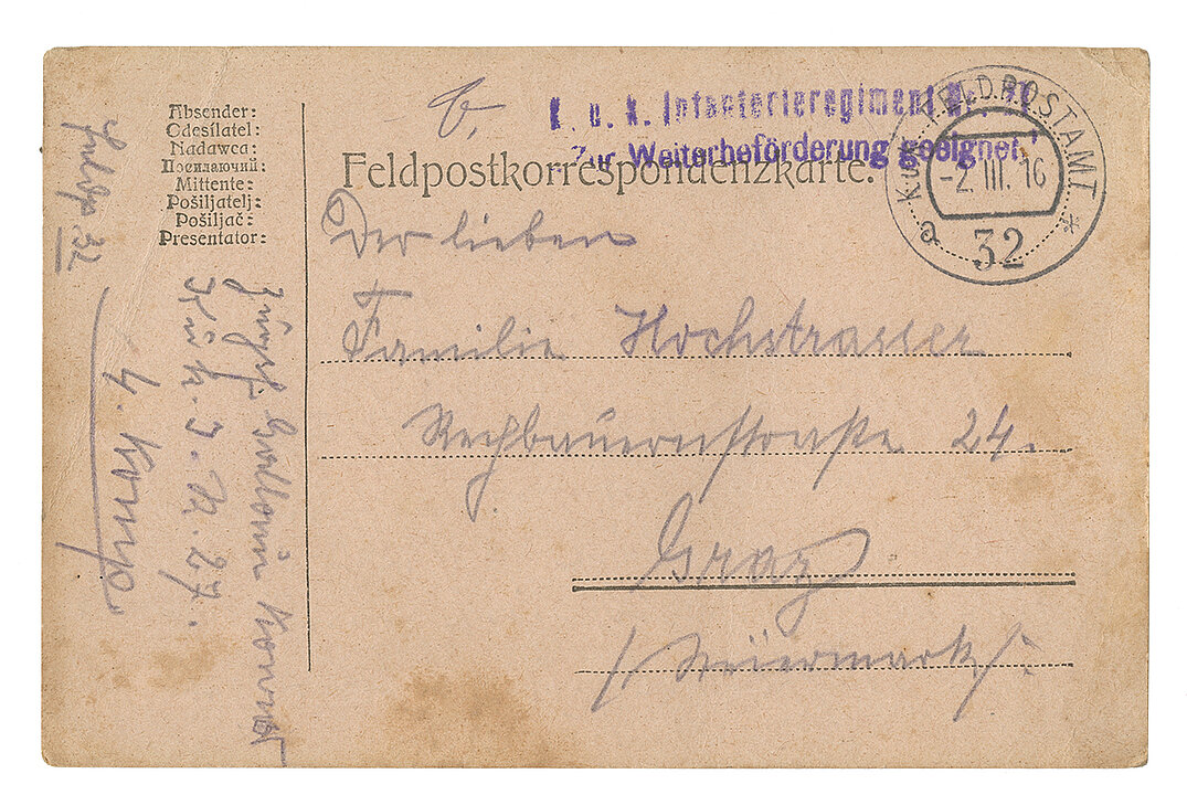 Normierte Feldpostkarte, 1915/16, Leihgabe von Nicole-Melanie Goll, Graz