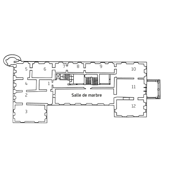 Zeichnung eines Grundrissplanes mit 12 nummerierten Räumen und einem großen Raum der "Marmorsaal" genannt wird.