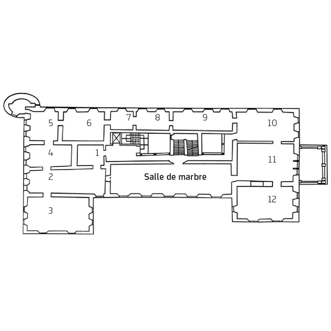 Zeichnung eines Grundrissplanes mit 12 nummerierten Räumen und einem großen Raum der "Marmorsaal" genannt wird.