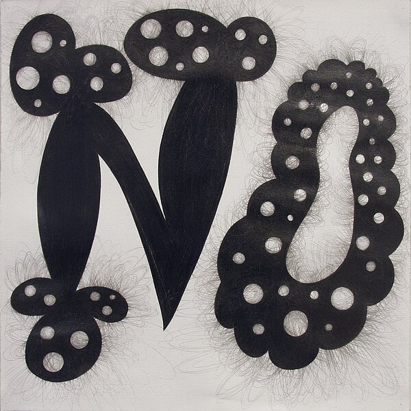 Das Wort NO ist aus der Zeichnungsserie Loopy Loonies von Andrea Scrima zu sehen