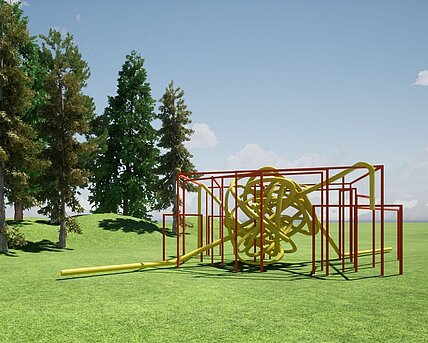 Rendering of yellow tubes that intertwine and adapt the sculpture "In Then Out" by the Rehberger class. 