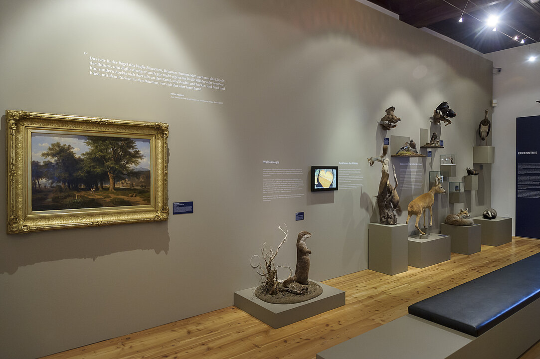 Ausstellungsansicht: Im Raum stehen vor einer hellbraunen Wand, Sockel mit ausgestopften Tieren. Links daneben hängt ein Ölgemälde, das einen Baum zeigt.  
