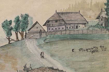 Rosegger's drawing of the Kluppeneggerhof.