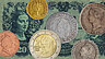 Münzen und eine Banknote mit Frauenporträts 