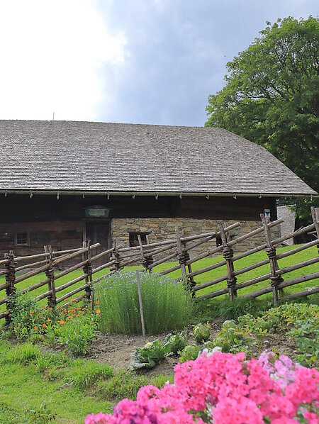 Blick vom Garten mit blühenden Blumen über den Bänderzaun zum Geburtshaus.