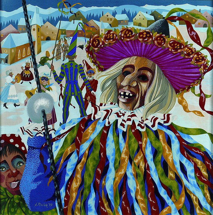 Acryl-Gemälde von einem Menschen, der eine brauner Holzmaske und einen lila Hut und ein buntes Gewand trägt. Im Hintergrund ist ein Winterdorf zu sehen mit vielen verkleideten Menschen.