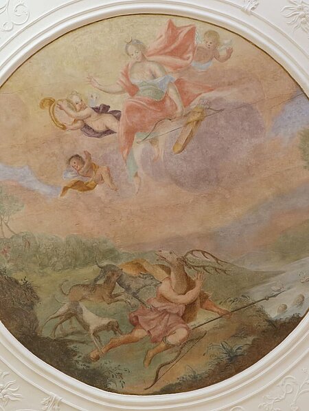View of Diana and Actaeon as a ceiling painting in the Dianasal in Schloss Stainz.