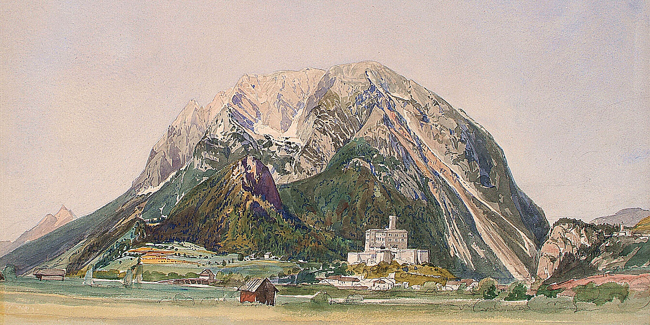 Historische Aquarellzeichnung des Schloss Trautenfels vor dem Berg Grimming