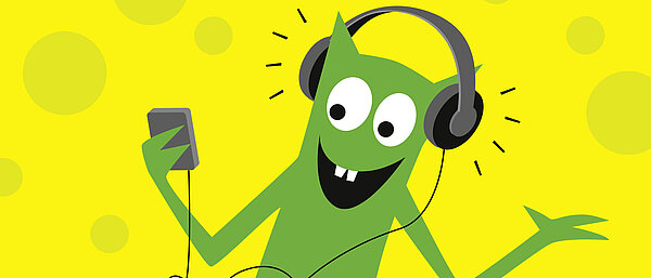 Grafische grüne Figur, die Musik über Kopfhörer hört.