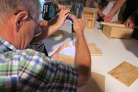 Mann und Kind arbeiten mit Akkuschrauber, bauen aus Holzteilen ein Insektenhotel