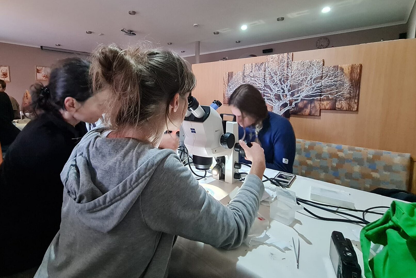 Blick in Raum mit Personen an Mikroskopen