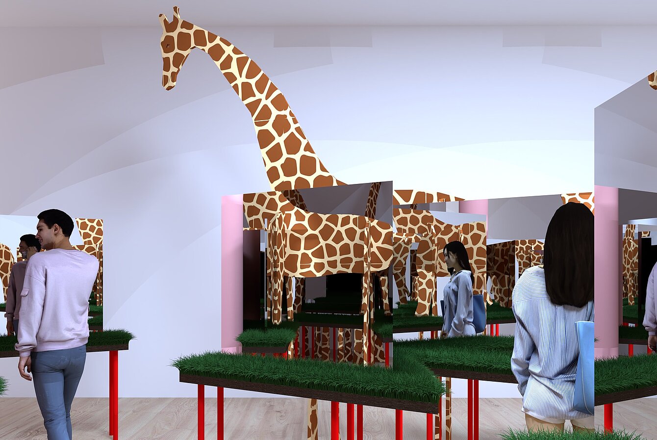 Labyrinth aus Spiegeln mit Giraffe und Mann in der Ausstellung Ernsthaft?! 