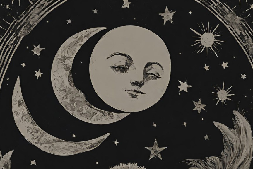 Eine grafische, schwarz-weiße Darstellung von Sonne, Mond und Sternen