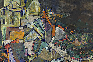 bunt gemalte Häuser, Bäume, Sträucher, von Egon Schiele gemalt