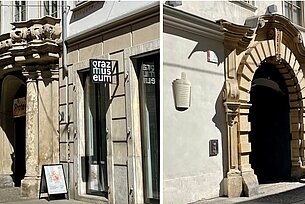Zu sehen sind die Eingangsportale des GrazMuseums und des Museums für Geschichte.