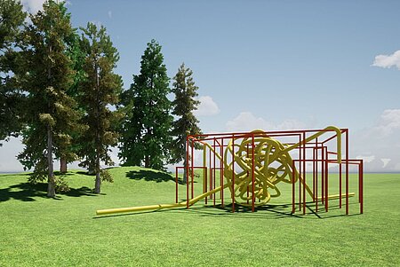 The existing metal artwork "In Then Out" is complemented by a sculpture made of yellow intertwined hoses.