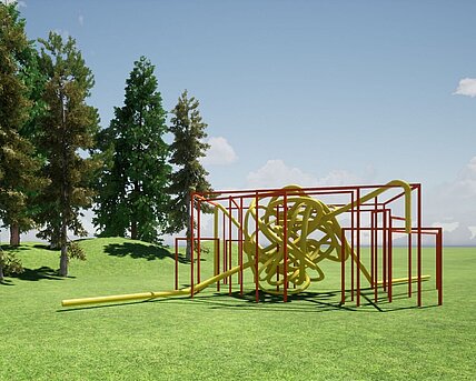 The existing metal artwork "In Then Out" is complemented by a sculpture made of yellow intertwined hoses.