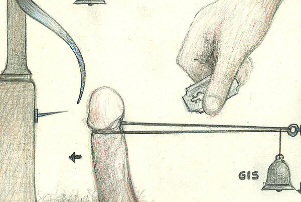 Zeichnung von Günter Brus mit Penis und Rasierklinge