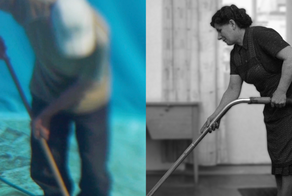 Abbildung 1: Nojus Drąsutis, The Pool Cleaners, Vilnius 2017, Abbildung 2: Bezahlte oder unbezahlte Arbeit? Frau beim Reinigen des Bodens, Fotoarchiv Blaschka, 1965