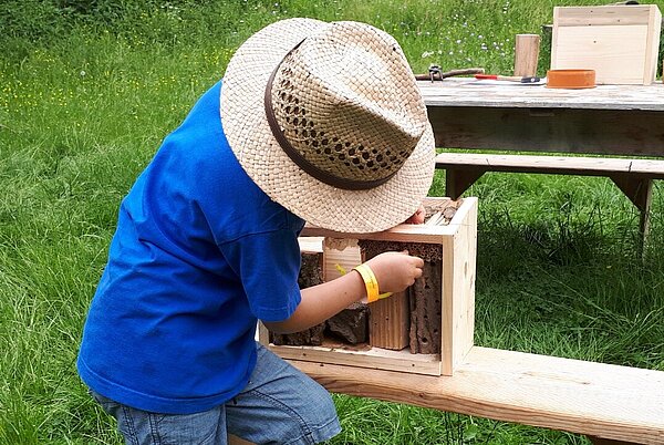 Bau eines Insektenhotels Ein Kind baut mit Werkzeug und Holz ein Insektenhotel.