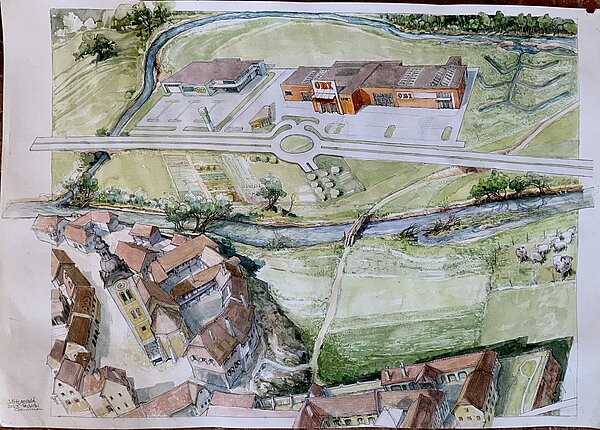 farbige Zeichnung eines Ortes. im unteren teil ein ortskern mit kirche. darüber ein fluss von links nach rechts. darüber eine zweispurige straße mit kreisverkehr von links nach rechts führend und darüber ein einkaufsgelände mit zwei Geschäften. einer davon als OBI erkennbar.